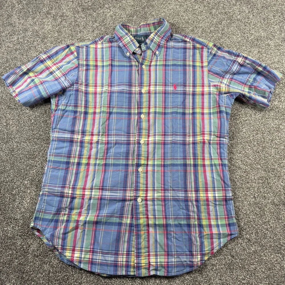 Polo Ralph Lauren Button Down Medium Blue Multi Plaid Classic Fit Short Sleeve